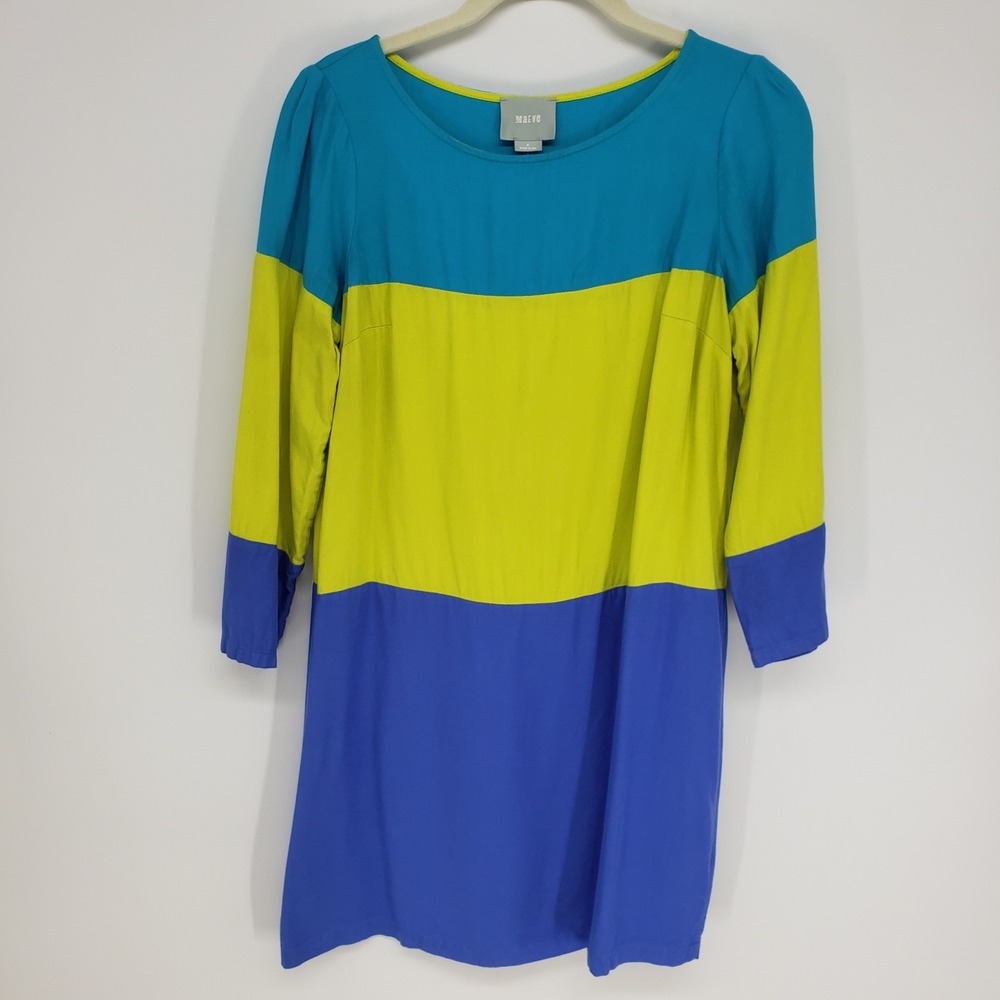 Anthropologie Maeve Colorblock Shift Dress Womens 4 Green Blue 3/4 Sleeve Bright